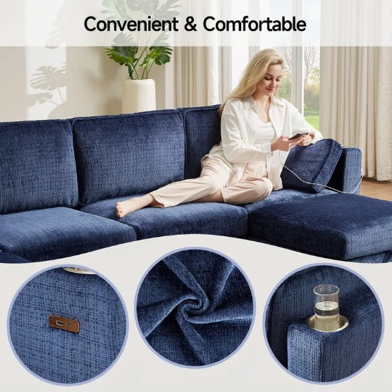 110" U-Shaped Modular Sectional Sofa, Convertible Sleeper Sofa Couch Bed with Adjustable Backrest, Chenille Couch with Storage & Charging Ports, Beige Large Sectional Couches for Living Room