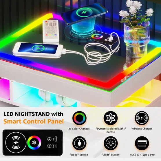 [Smart Nightstand] RGB LED Night Stand - Wireless Charging Station, Modern Bedside Table with Human Body Sensor Light and Glass Panel