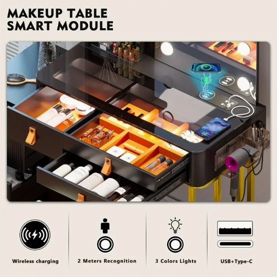 [Wireless Charging Vanity] Wireless Charging Gurexl Vanity Desk with Lighted Mirror, 3 Lighting Modes, 6 Drawers & Stool, Glass Top Makeup Vanity Table Set