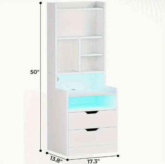 [Tall Nightstand with Charging Station] 1pcs White Tall Nightstand - Charging Station and LED Lights, 2 Drawers, Bookshelf, Bedside Table with Shelves