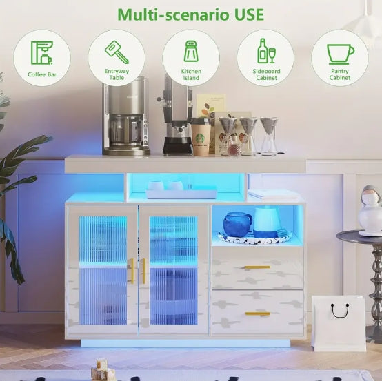 LED Sideboard Buffet Cabinet With Motion Sensor Lights, High Gloss Coffee Bar Cabinet With Charging Station, Kitchen Storage Cabinet For Bar