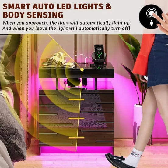 [Wireless Charging Nightstand] Modern 24 Color LED Nightstand - Auto Wireless Charging Station & USB Ports - 3 Drawers High-Gloss Bedside Table