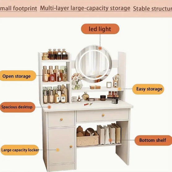 Elegant White Wooden Makeup Vanity Desk with Touch-Screen Lighted Mirror - 3 Adjustable Lighting Modes, Drawers & Storage Shelves for Cosmetics Organization - Modern Bedroom Dressing Table with Plug-In Power