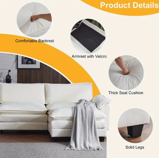 [Comfy Convertible Sofa] Modern Comfy Cloud White/Cream Convertible Sectional Sofa, Extra Deep Seat L-Shape Couch with Movable Ottoman - Elegant White Plush Fabric Sofa for Home, Office, Apartment, Family Lounge Furniture