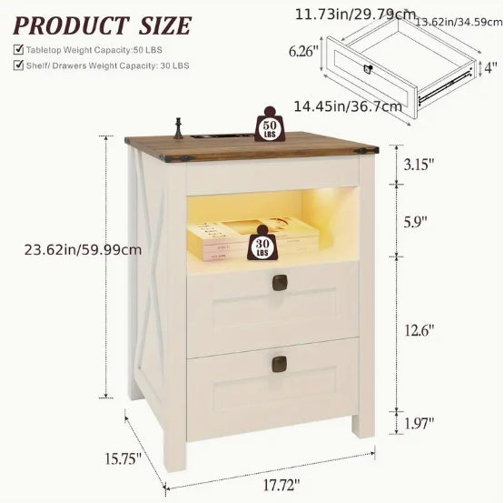 [Farmhouse LED Nightstand] 2-Drawer Farmhouse LED Nightstand - With Gun Drawer, Invisible Lock, Charging Station, Modern End Table for Bedroom Living Room Office - White/Dark Oak