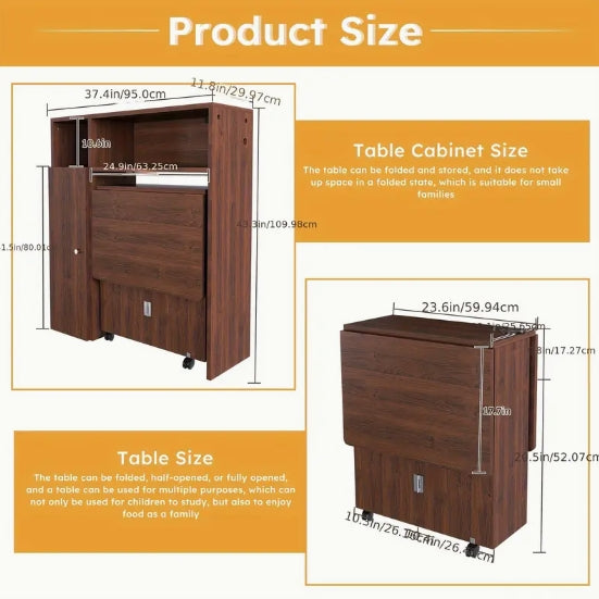 Modern Brown Folding Dining Table with Storage Sideboard & Charging Station – Wall-Mounted, Space-Saving Design with Wheels for Compact Kitchens