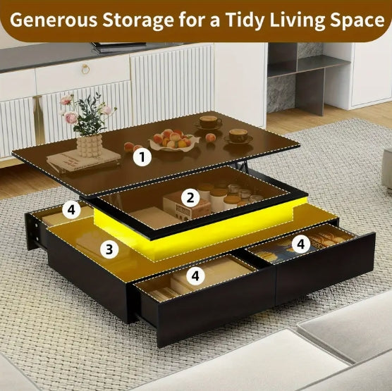 Lift Top Coffee Table, Coffee Table with Storages for Living Room, Rectangular Coffee Tables with 4 Spacious Drawers, Modern Coffee Table with LED Light