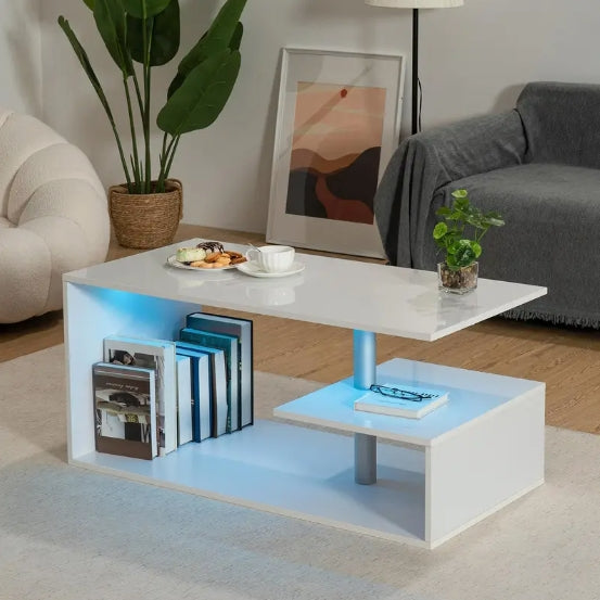 White LED Coffee Tables for Living Room Modern White Coffee Table with S-Shaped 3 Tiers Open Storage Shelf High Gloss Center Sofa Tea Table with LED Lights for Christmas Home Office Furniture