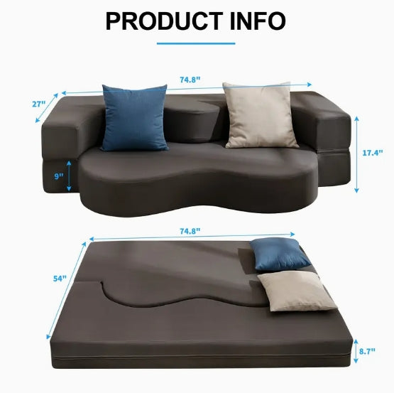 Queen Size Convertible Sofa Bed - Memory Foam Fold-Out Couch with Washable Leathaire Cover, Modern Dark Gray Design for Living Room & Guest Room