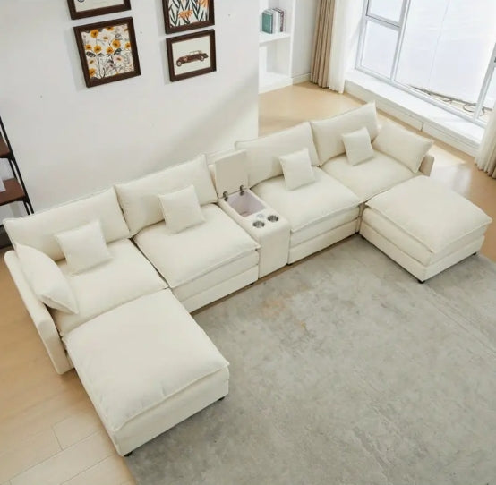 4 Seat U-Shaped Modern Chenille Sofa Sleeper - Piece Upholstered Sectional with Coffee Table - White