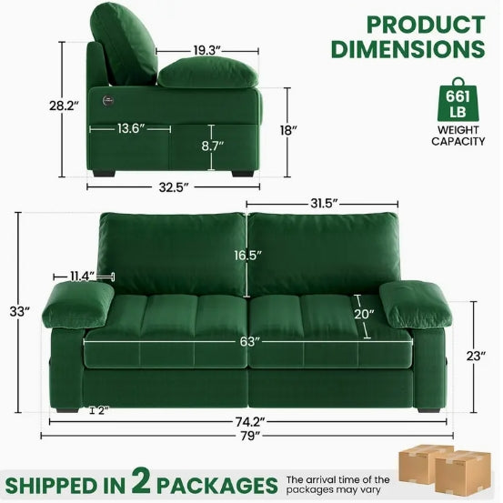 79in Upholstered Sofa Velvet Couch Sofa Couch with USB Charging Ports, Storage Pockets for Living Room Apartment Game Room, Gray/Green/Blue