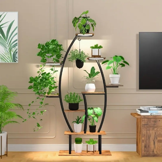 9-Tier Metal Step Shelf with Grow Light - 59" Tall Indoor Plant & Greenery Stand, Heavy-Duty Iron Pipes, Water-Resistant, No Electricity Needed - Perfect for Home, Patio, Balcony - Patented Design