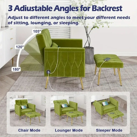 Velvet Modern Accent Chair And Ottoman Set with 2 USB Ports, Pink Comfy Reading Chair Bedroom Living Room Chairs, Recliner Lounge Chair, Adjustable Backrest And Pillow (Green)