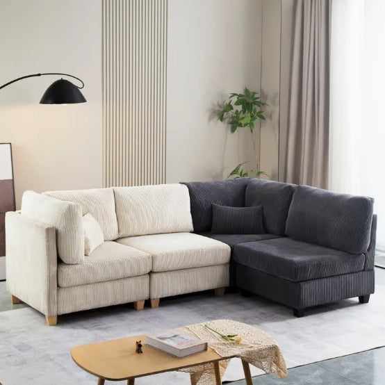1pc Convertible Modular Sofa - DIY Corduroy Fabric L-shaped/U-shaped - Non-slip Sofa Legs, 2 Packages Ship, Beige/Dark Gray