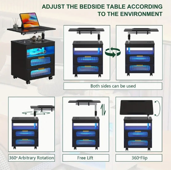 Nightstand With Wireless Charging Station, LED Nightstand Has Adjustable Rotary Workstation, Smart Night Stand With 2 Drawers