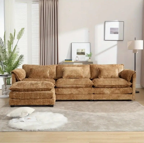 Modern Large Boucle Fabric L-Shape Sectional Chenille Fabric, Movable Pedals, Detachable Armrests, Oversized Three-Seat Sofa