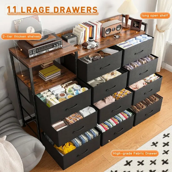 Modern Black Dresser with 11 Drawers, Metal Frame & Wood Top – Stylish Bedroom Storage Chest with Shelves, Perfect for Makeup Vanity or TV Stand