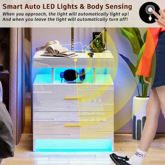 [Wireless Charging Night Stand] Smart Night Stand with Wireless Charging - 24 Colour Lights, 2 Drawers Bed Table