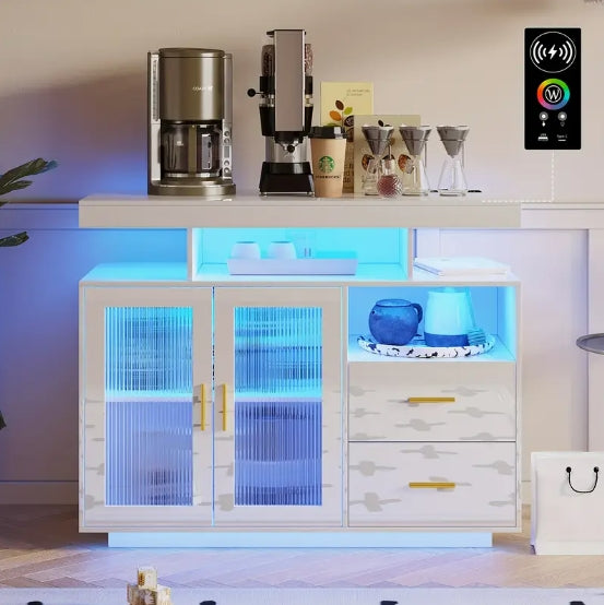 LED Sideboard Buffet Cabinet With Motion Sensor Lights, High Gloss Coffee Bar Cabinet With Charging Station, Kitchen Storage Cabinet For Bar