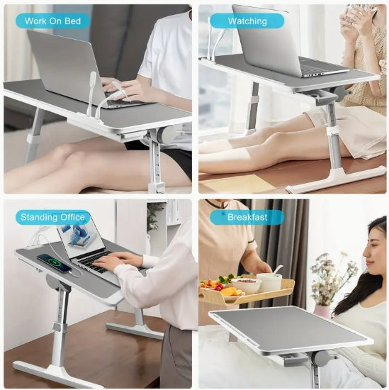 [Adjustable Laptop Bed Tray] Adjustable Laptop Stand Bed Tray Table - Portable Desk with USB/Light/Fan/Drawer for Bed/Couch/Sofa/Reading/Writing
