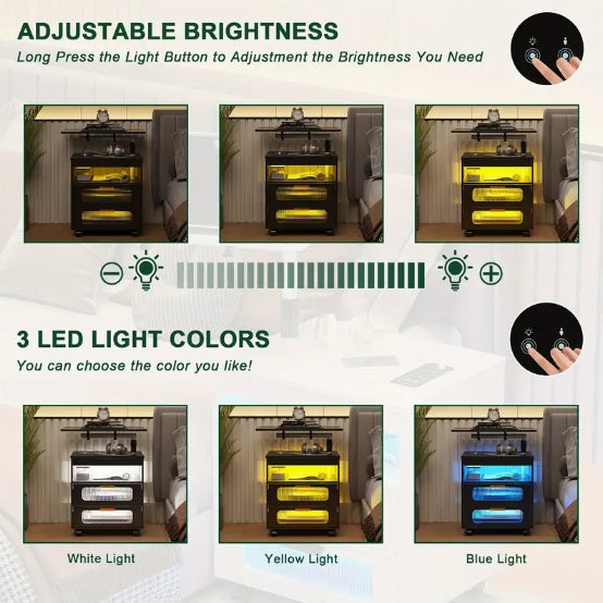 Nightstand With Wireless Charging Station, LED Nightstand Has Adjustable Rotary Workstation, Smart Night Stand With 2 Drawers