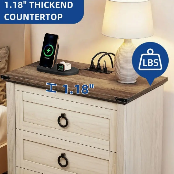 29" Bedside Table Bedroom Rustic Wooden Desk with 3 Drawers Storage Cabinet Charging Station