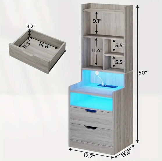 1pcs Gray Tall Nightstand with Charging Station, LED Lights, Drawers, Storage Shelves, and Bookshelf