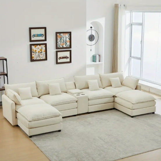 4 Seat U-Shaped Modern Chenille Sofa Sleeper - Piece Upholstered Sectional with Coffee Table - White