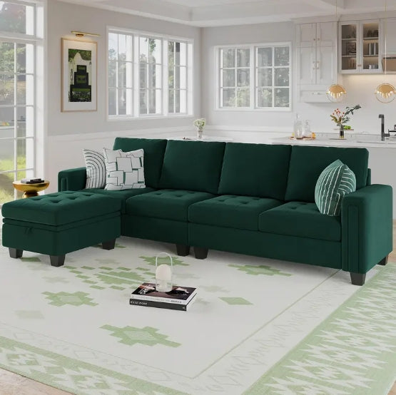 4-Seat Velvet Reversible L Shaped Sectional Sofa Couch - With Convertible Storage Ottoman