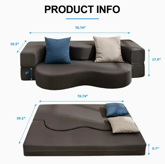 Queen Size Convertible Sofa Bed - Memory Foam Fold-Out Couch with Washable Leathaire Cover, Modern Dark Gray Design for Living Room & Guest Room