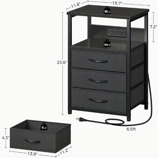 [Charging Nightstand] 2/3 Fabric Drawers Nightstand with Charging Station And LED Light, Side Table with USB Ports And Outlets, Valentines Bedside End Table