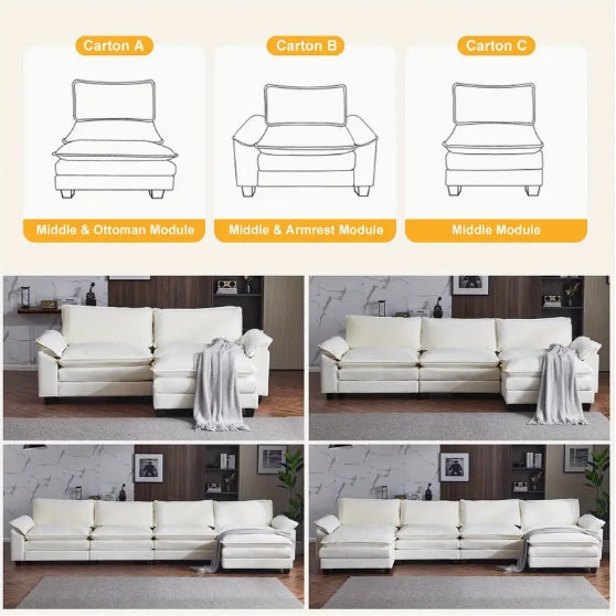 [Comfy Convertible Sofa] Modern Comfy Cloud White/Cream Convertible Sectional Sofa, Extra Deep Seat L-Shape Couch with Movable Ottoman - Elegant White Plush Fabric Sofa for Home, Office, Apartment, Family Lounge Furniture