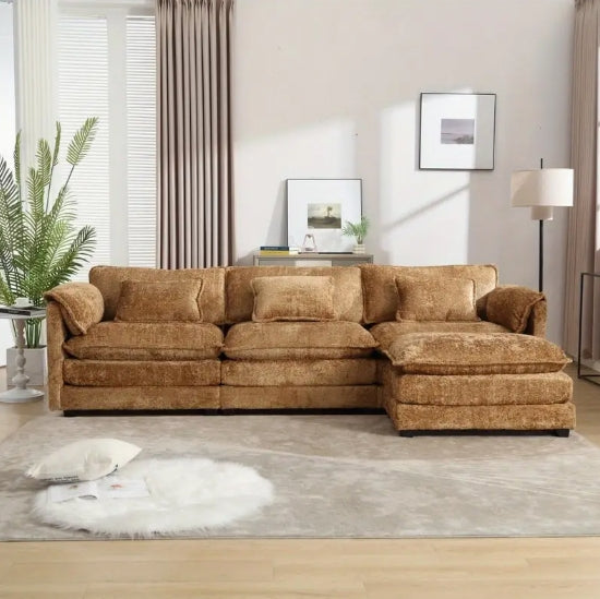 Modern Large Boucle Fabric L-Shape Sectional Chenille Fabric, Movable Pedals, Detachable Armrests, Oversized Three-Seat Sofa