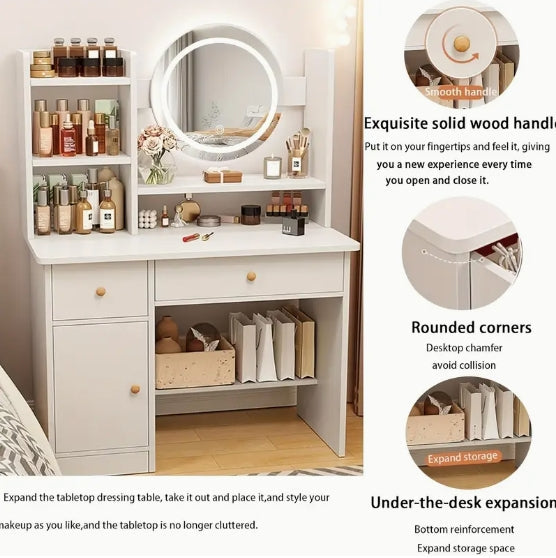 Elegant White Wooden Makeup Vanity Desk with Touch-Screen Lighted Mirror - 3 Adjustable Lighting Modes, Drawers & Storage Shelves for Cosmetics Organization - Modern Bedroom Dressing Table with Plug-In Power