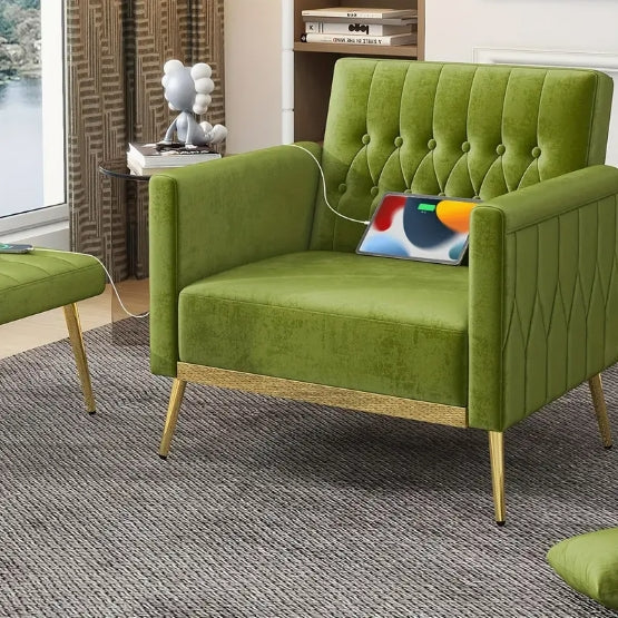 Velvet Modern Accent Chair And Ottoman Set with 2 USB Ports, Pink Comfy Reading Chair Bedroom Living Room Chairs, Recliner Lounge Chair, Adjustable Backrest And Pillow (Green)