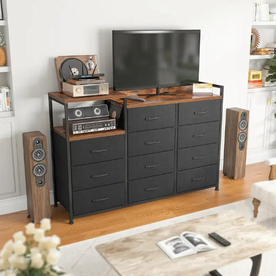 Modern Black Dresser with 11 Drawers, Metal Frame & Wood Top – Stylish Bedroom Storage Chest with Shelves, Perfect for Makeup Vanity or TV Stand