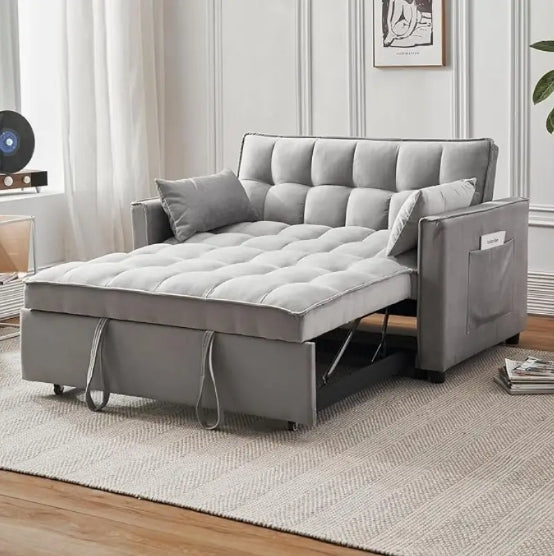 54-Inch Velvet Convertible Sofa Bed with Reclining Feature, Pull-Out Section & Storage Pockets - 3-in-1 Black Loveseat Futon for Living Room, Bedroom, or Apartment - Soft, Durable & Space-Saving Design, Futon Sofa Bed