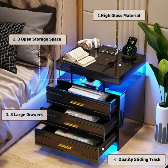 [Wireless Charging Nightstand] Modern 24 Color LED Nightstand - Auto Wireless Charging Station & USB Ports - 3 Drawers High-Gloss Bedside Table