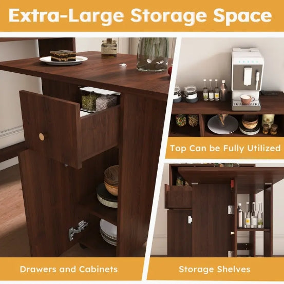 Modern Brown Folding Dining Table with Storage Sideboard & Charging Station – Wall-Mounted, Space-Saving Design with Wheels for Compact Kitchens
