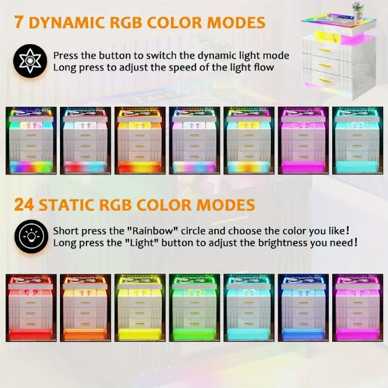 [Smart Nightstand] RGB LED Night Stand - Wireless Charging Station, Modern Bedside Table with Human Body Sensor Light and Glass Panel