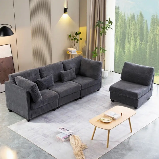 1pc Convertible Modular Sofa - DIY Corduroy Fabric L-shaped/U-shaped - Non-slip Sofa Legs, 2 Packages Ship, Beige/Dark Gray
