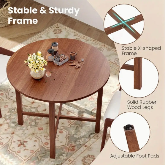 Contemporary Hardwood Dual Drop Leaf Round Table, Multifunctional Folding Dining Table for 2-4, Extendable Design for Small Spaces, No Electricity Needed, for Dining Room, Living Room, Apartment