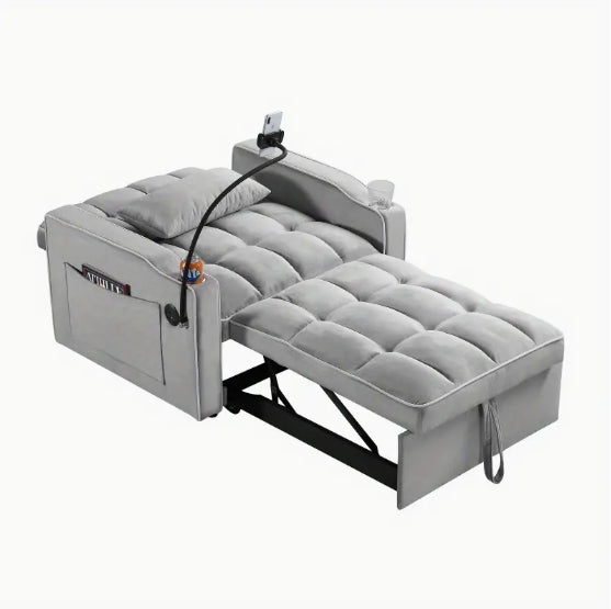 [Convertible Sleeper Chair] 3-in-1 Adjustable Convertible Sleeper Chair Sofa Bed - Gray Quilted Design, Multi-Pockets, Pull-Out Functionality for Living Room or Bedroom