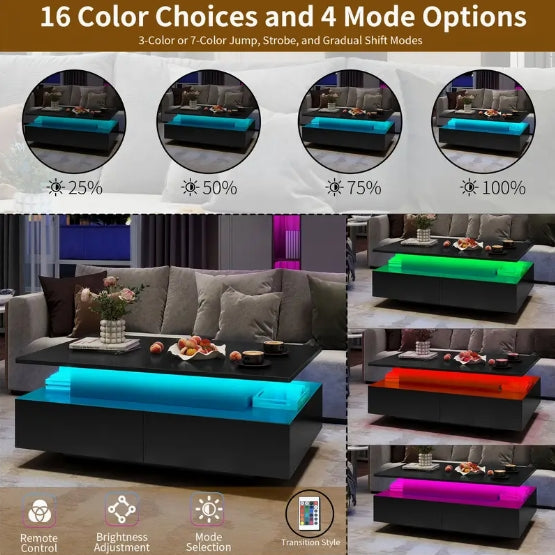 Lift Top Coffee Table, Coffee Table with Storages for Living Room, Rectangular Coffee Tables with 4 Spacious Drawers, Modern Coffee Table with LED Light
