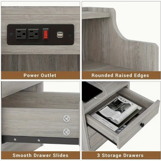 [Grey Nightstand with Charging] 2 USB Ports & 2 Outlets Grey Nightstand with Charging Station, Hutch and 3 Drawers - Bedroom End Table