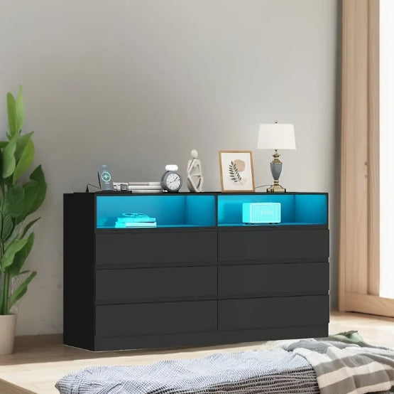 Contemporary White Finish Accent Chest of Drawers with LED Lighting, Varnished Storage Dresser, Independent Furniture, 110V-240V Plug Powered, with Charging Station, for Under 3.2 Cubic Feet Capacity
