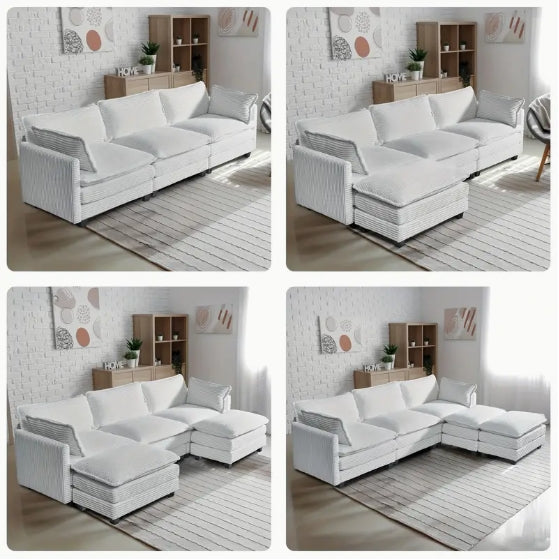 Oversized Modular Sectional Sofa Set - Cozy 3-Seater White Corduroy with Movable Ottoman, 2 Armrest Pillows, L-Shaped Design for Living Room or Bedroom - Easy DIY Assembly, Sectional Sofa for Living Room