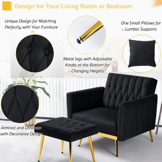 ACMEASE Velvet Accent Chair - Adjustable Armrests And Backrest, Button Tufted Lounge Chair With Ottoman And Pillow
