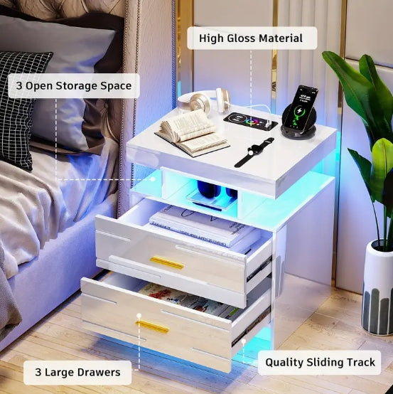 [Wireless Charging Night Stand] Smart Night Stand with Wireless Charging - 24 Colour Lights, 2 Drawers Bed Table