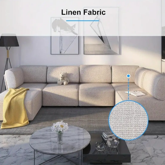 6 Seater Beige Linen Modular Sectional Sofa - Convertible Oversize L Shaped Couch with Reversible Ottoman, U Shaped Sleeper Sofa for Living Room